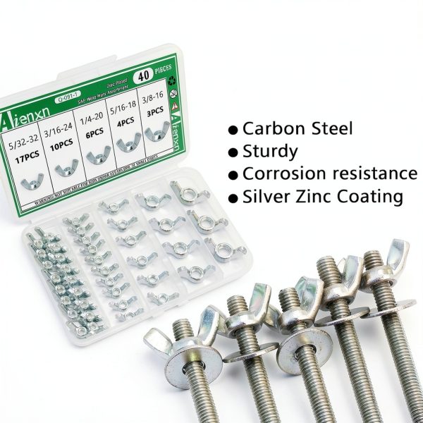 40PCS SAE Wing Nuts Assortment Kit, 5 Sizes- 5/32", 3/16", 1/4", 5/16", 3/8", Zinc Plated Wingnuts Fasteners, Parts Butterfly Wing Nut-2